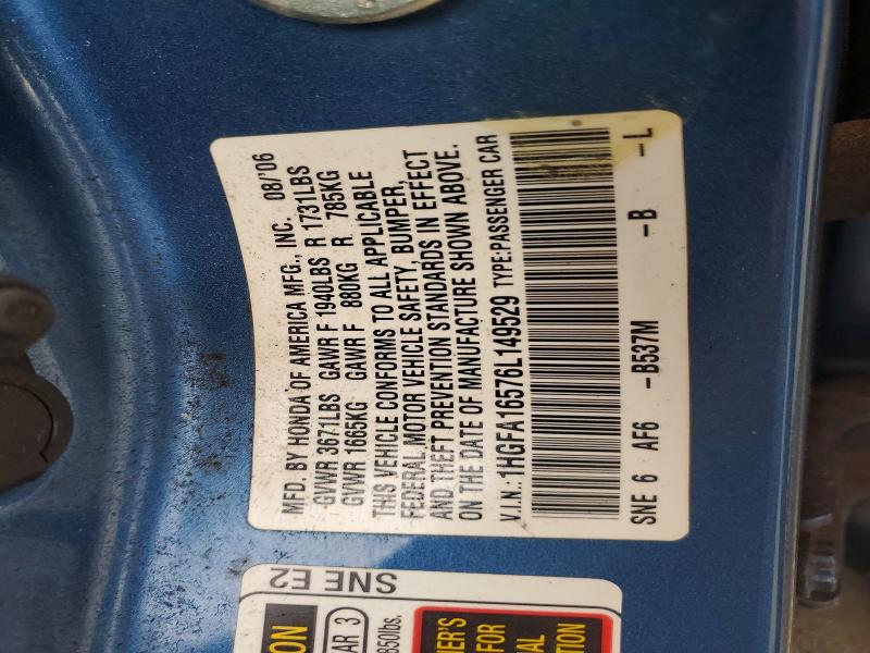 2006 Honda Civic მანქანა იყიდება აუქციონზე, vin: 1HGFA16576L149529, აუქციონის ნომერი: 57139776