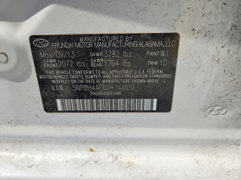 2013 Hyundai Elantra მანქანა იყიდება აუქციონზე, vin: 5NPDH4AE6DH344551, აუქციონის ნომერი: 58236506