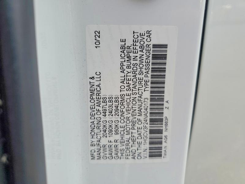 Продаж на аукціоні авто 2022 Honda Accord, vin: 1HGCV3F24NA040173, номер лоту: 55567866