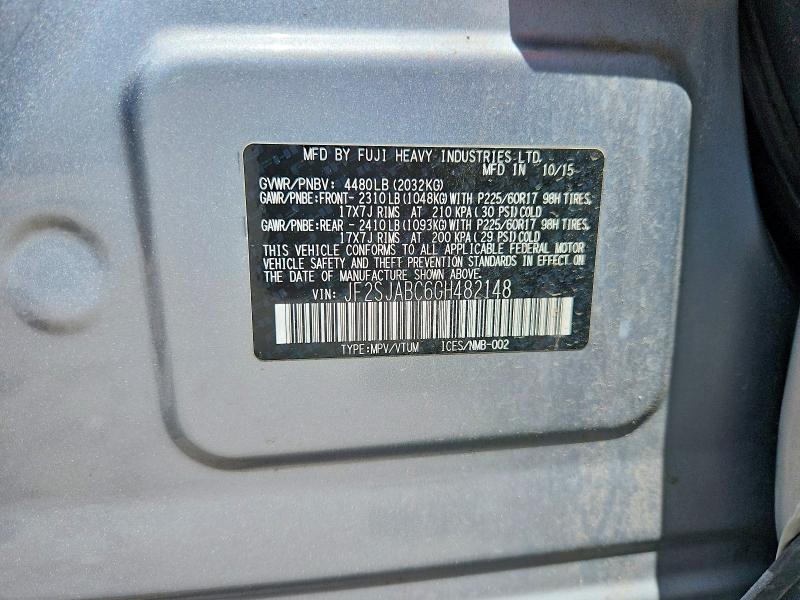 56115426 :رقم المزاد ، JF2SJABC6GH482148 vin ، 2016 Subaru Forester مزاد بيع