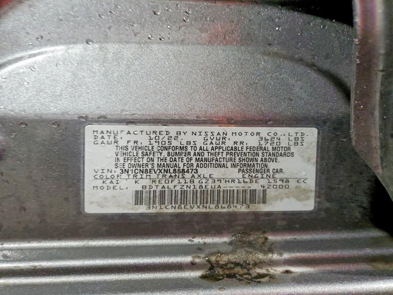 56550066 :رقم المزاد ، 3N1CN8EVXNL868473 vin ، 2022 Nissan Versa مزاد بيع