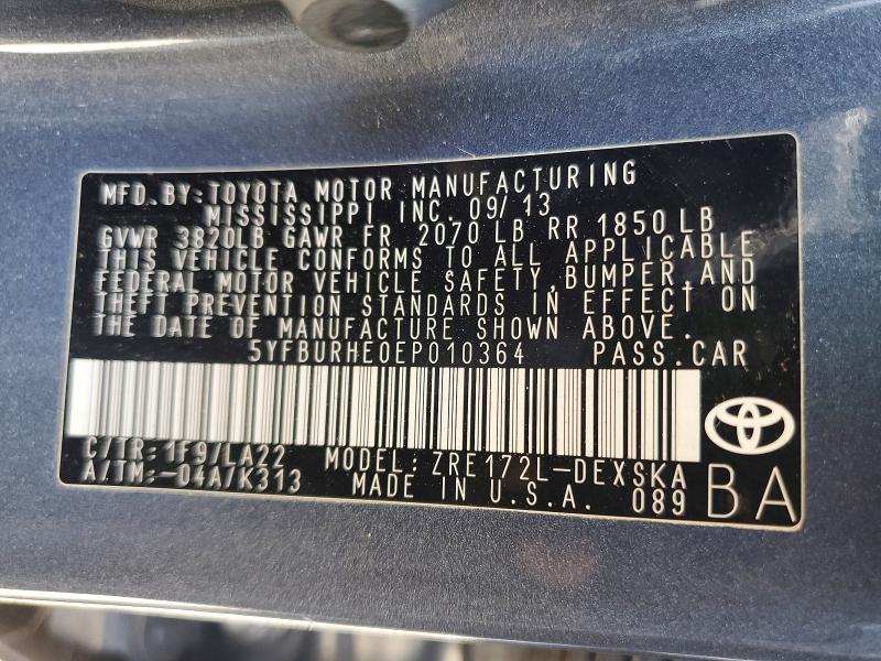 Aukcja sprzedaży 2014 Toyota Corolla, vin: 5YFBURHE0EP010364, numer aukcji: 58904986