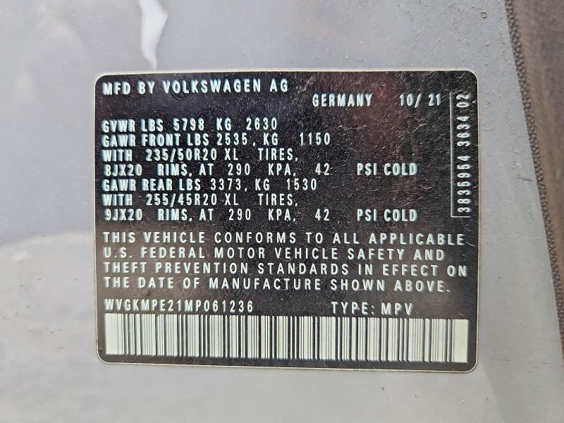 2021 Volkswagen Id.4 მანქანა იყიდება აუქციონზე, vin: WVGKMPE21MP061236, აუქციონის ნომერი: 58303556