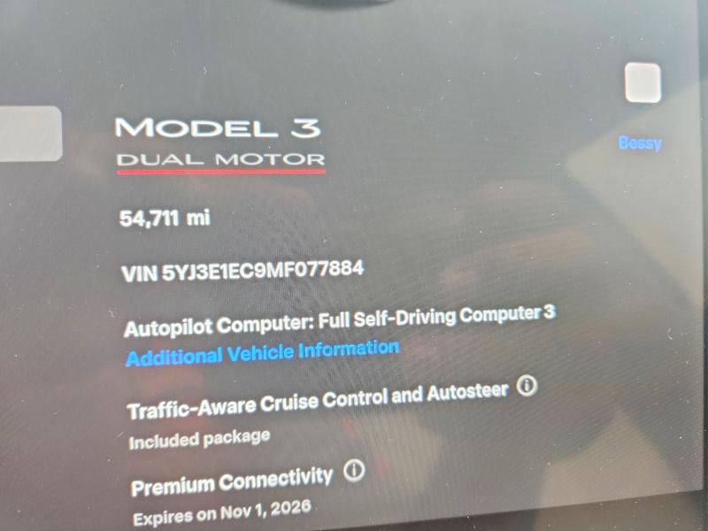 56862476 :رقم المزاد ، 5YJ3E1EC9MF077884 vin ، 2021 Tesla Model 3 مزاد بيع