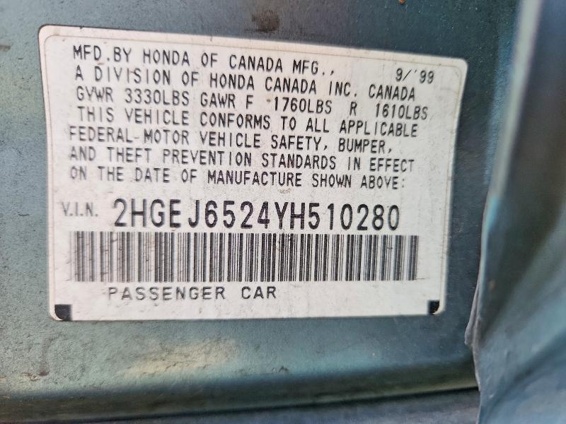 2000 Honda Civic მანქანა იყიდება აუქციონზე, vin: 2HGEJ6524YH510280, აუქციონის ნომერი: 57627936