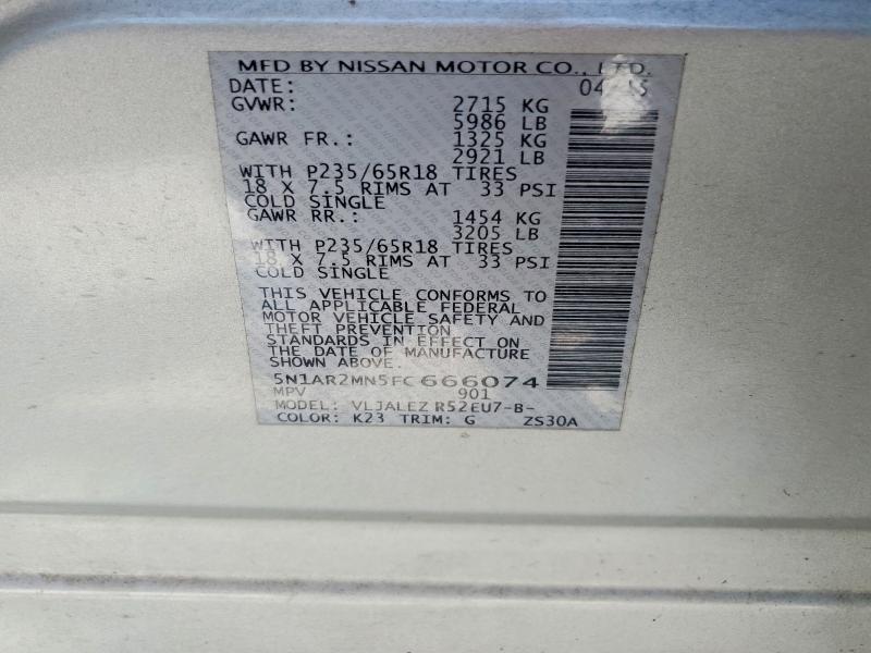 Продаж на аукціоні авто 2015 Nissan Pathfinder, vin: 5N1AR2MN5FC666074, номер лоту: 56817776