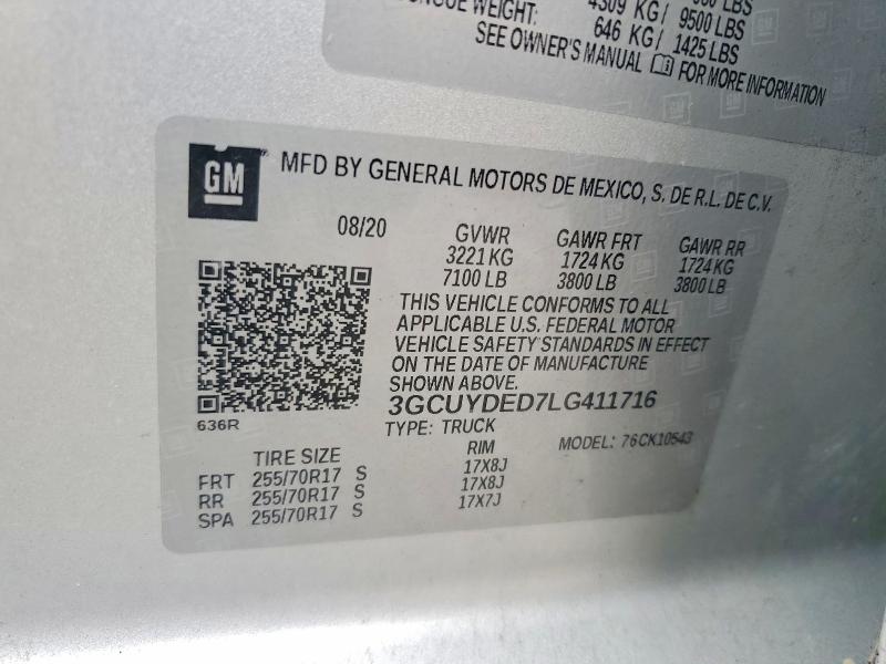 Продаж на аукціоні авто 2020 Chevrolet Silverado, vin: 3GCUYDED7LG411716, номер лоту: 56756046