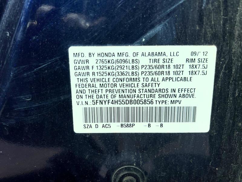 Auction sale of the 2013 Honda Pilot, vin: 5FNYF4H55DB005856, lot number: 58562786