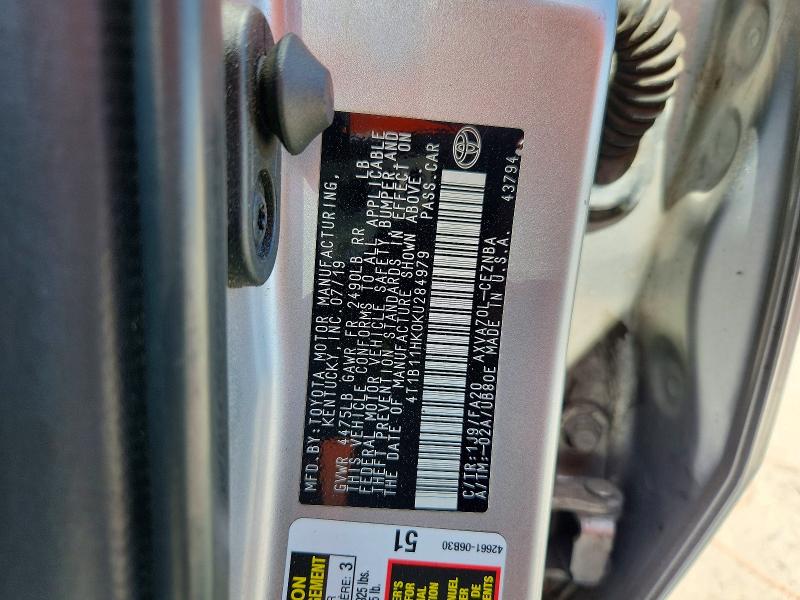 2019 Toyota Camry მანქანა იყიდება აუქციონზე, vin: 4T1B11HK0KU284979, აუქციონის ნომერი: 57712776