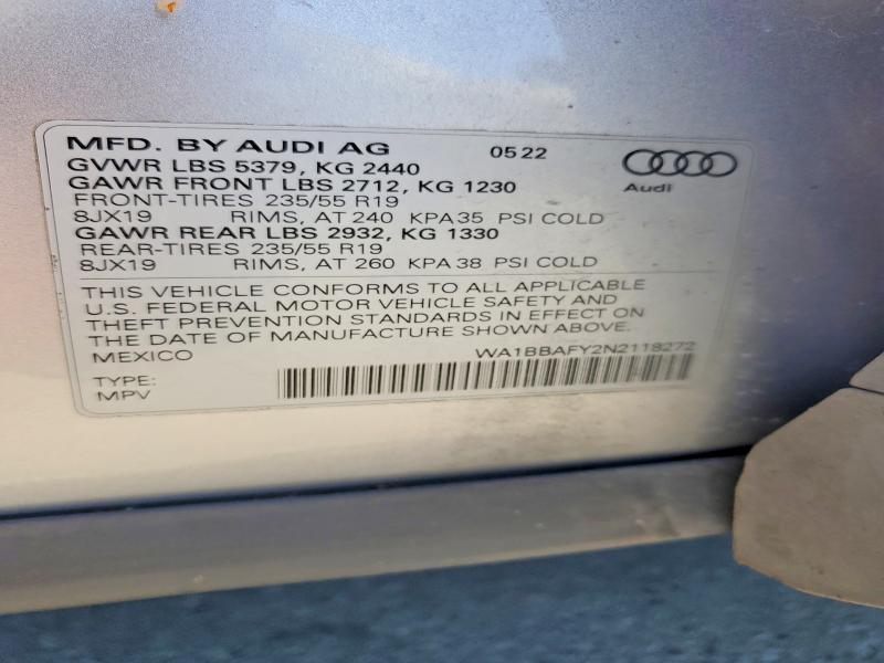 2022 Audi Q5 მანქანა იყიდება აუქციონზე, vin: WA1BBAFY2N2118272, აუქციონის ნომერი: 59629956