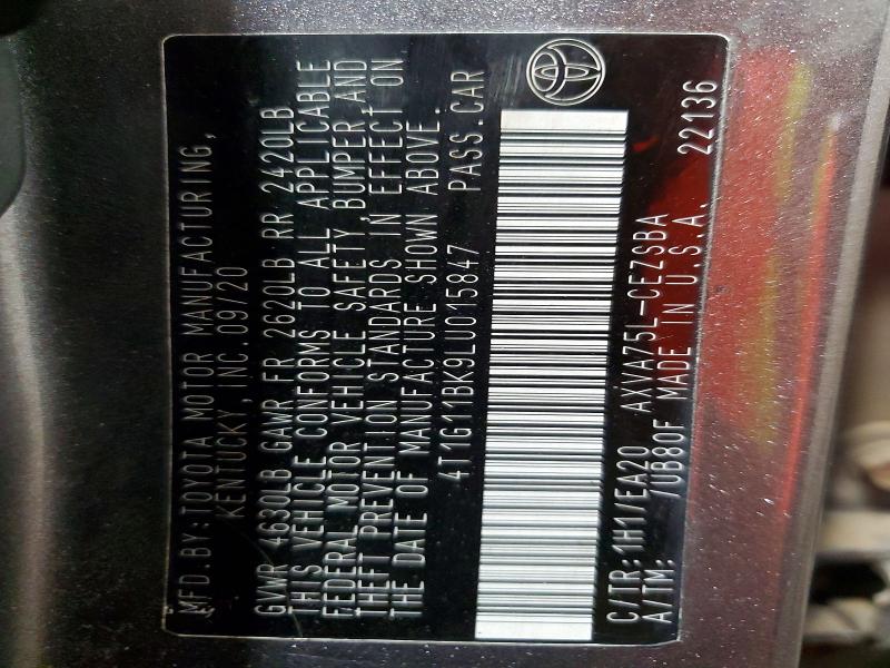2020 Toyota Camry მანქანა იყიდება აუქციონზე, vin: 4T1G11BK9LU015847, აუქციონის ნომერი: 55918036