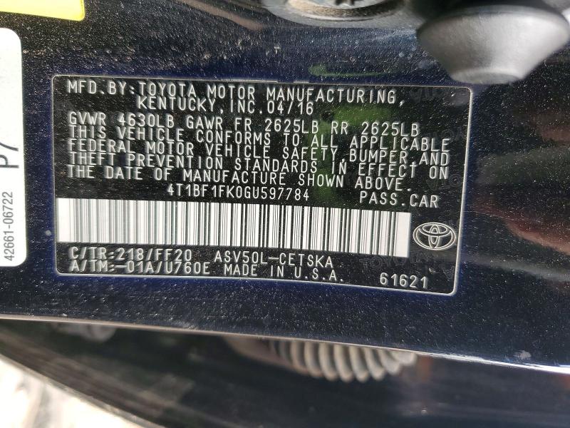 2016 Toyota Camry მანქანა იყიდება აუქციონზე, vin: 4T1BF1FK0GU597784, აუქციონის ნომერი: 55940256