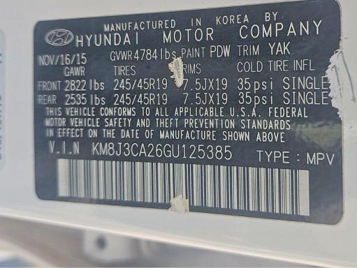 59530206 :رقم المزاد ، KM8J3CA26GU125385 vin ، 2016 Hyundai Tucson مزاد بيع