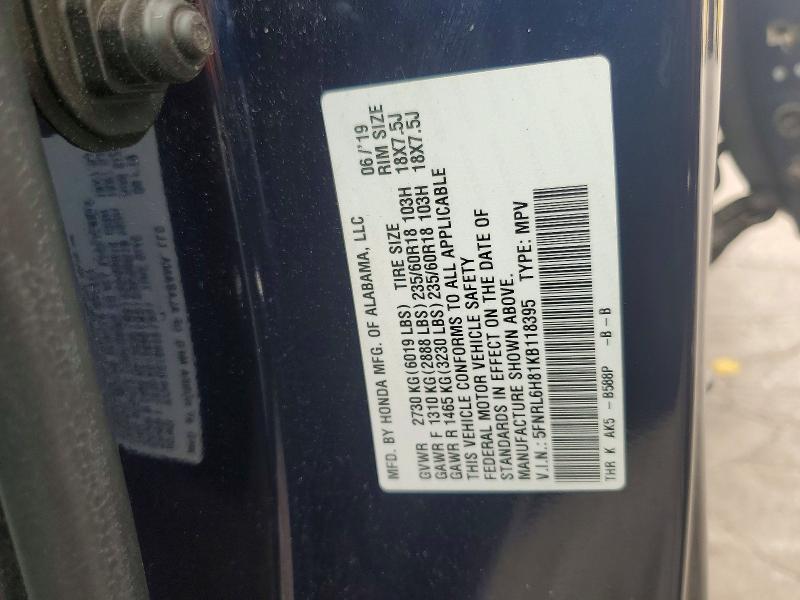 56397896 :رقم المزاد ، 5FNRL6H81KB118395 vin ، 2019 Honda Odyssey مزاد بيع