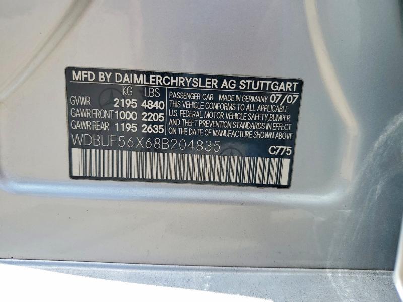 2008 Mercedes-benz E მანქანა იყიდება აუქციონზე, vin: WDBUF56X68B204835, აუქციონის ნომერი: 58129646