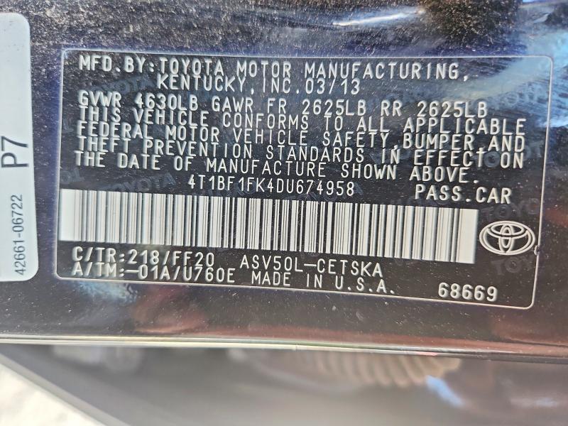 2013 Toyota Camry მანქანა იყიდება აუქციონზე, vin: 4T1BF1FK4DU674958, აუქციონის ნომერი: 56748186