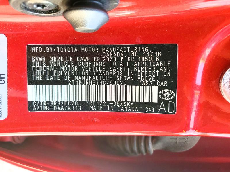Продажа на аукционе авто 2017 Toyota Corolla, vin: 2T1BURHE4HC790020, номер лота: 58742846