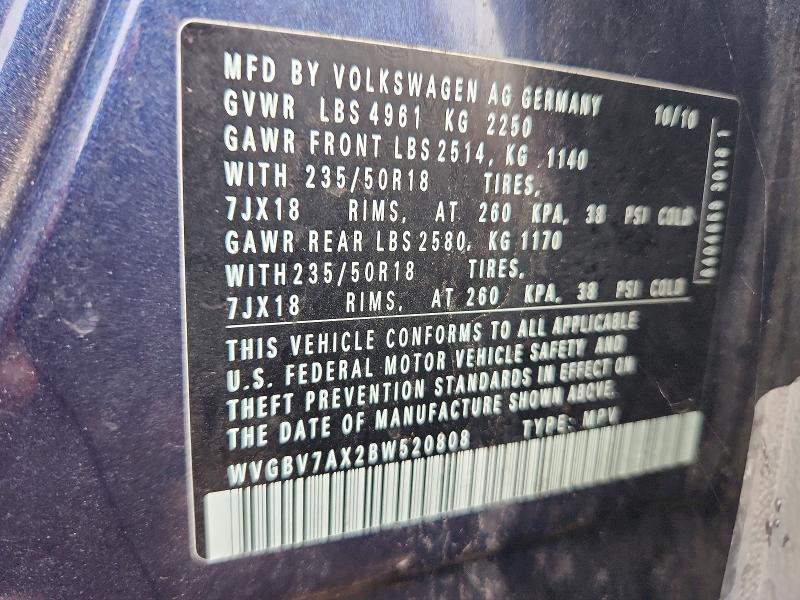 2011 Volkswagen Tiguan მანქანა იყიდება აუქციონზე, vin: WVGBV7AX2BW520808, აუქციონის ნომერი: 56236226