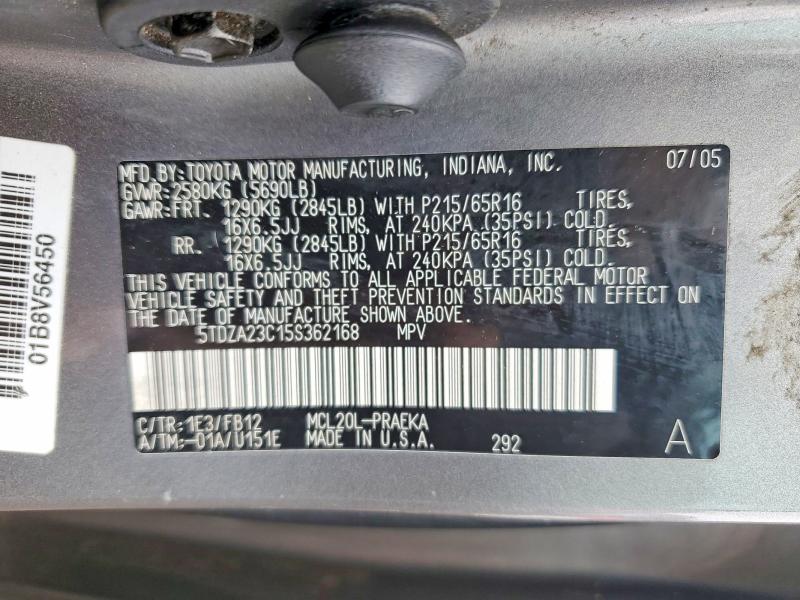 56181796 :رقم المزاد ، 5TDZA23C15S362168 vin ، 2005 Toyota Sienna مزاد بيع