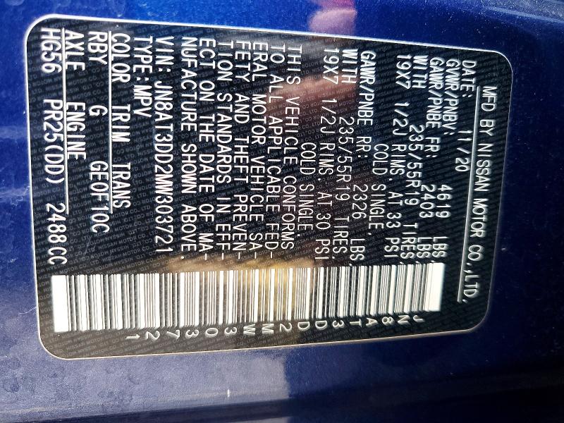 56631886 :رقم المزاد ، JN8AT3DD2MW303721 vin ، 2021 Nissan Rogue مزاد بيع