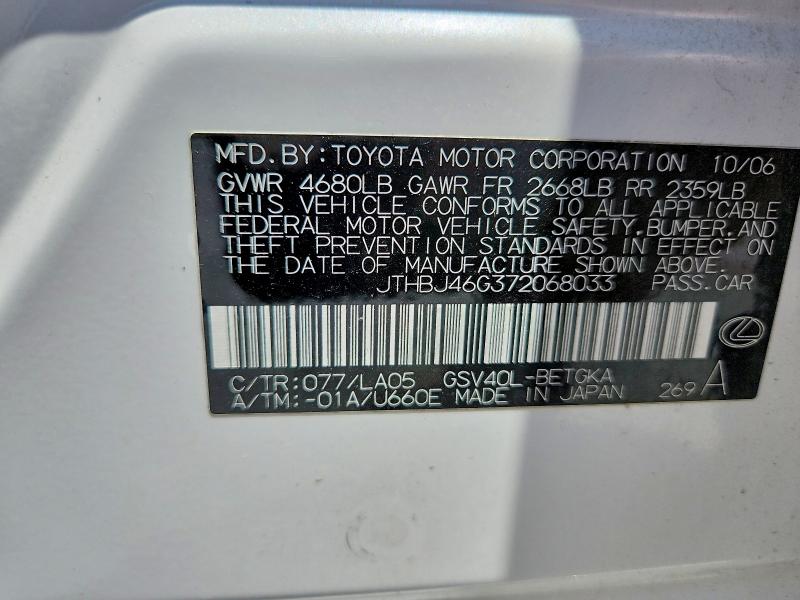 Aukcja sprzedaży 2007 Lexus Es, vin: JTHBJ46G372068033, numer aukcji: 57662586