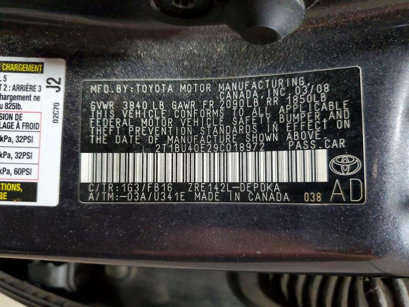 Aukcja sprzedaży 2009 Toyota Corolla, vin: 2T1BU40E29C018972, numer aukcji: 58937426