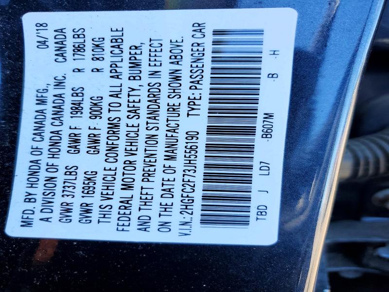 56172006 :رقم المزاد ، 2HGFC2F73JH556190 vin ، 2018 Honda Civic مزاد بيع