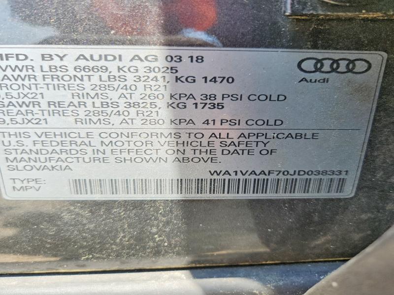 2018 Audi Q7 მანქანა იყიდება აუქციონზე, vin: WA1VAAF70JD038331, აუქციონის ნომერი: 56856166