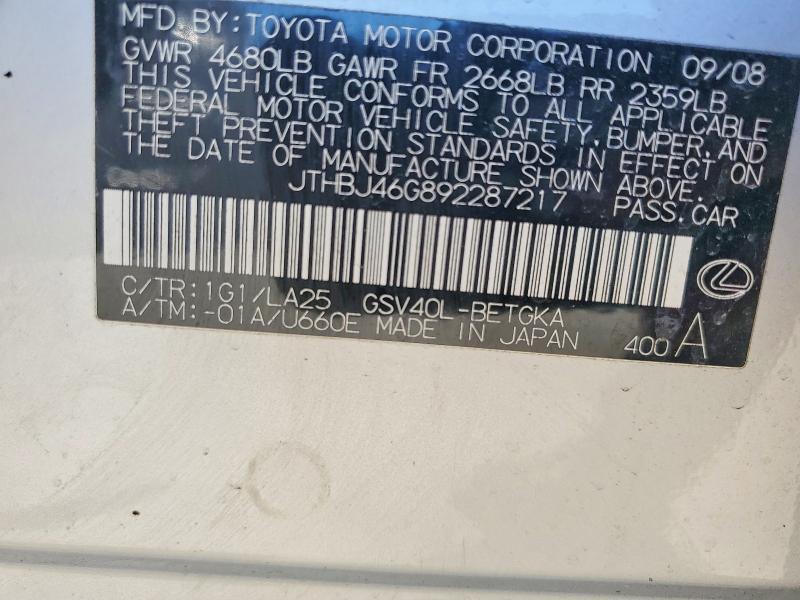 Продажа на аукционе авто 2009 Lexus Es, vin: JTHBJ46G892287217, номер лота: 57180486
