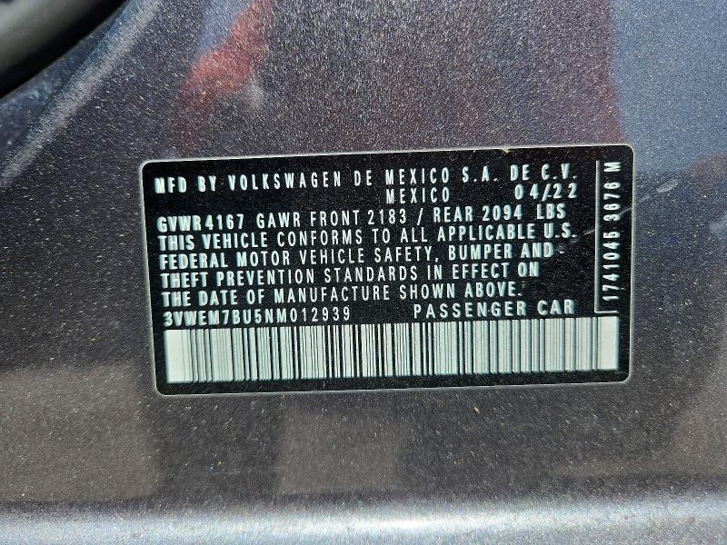 2022 Volkswagen Jetta მანქანა იყიდება აუქციონზე, vin: 3VWEM7BU5NM012939, აუქციონის ნომერი: 57160596