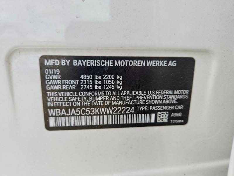 2019 Bmw 530 მანქანა იყიდება აუქციონზე, vin: WBAJA5C53KWW22224, აუქციონის ნომერი: 56117136