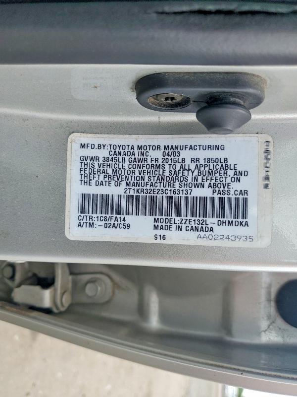 2003 Toyota Matrix მანქანა იყიდება აუქციონზე, vin: 2T1KR32E23C163137, აუქციონის ნომერი: 58138846