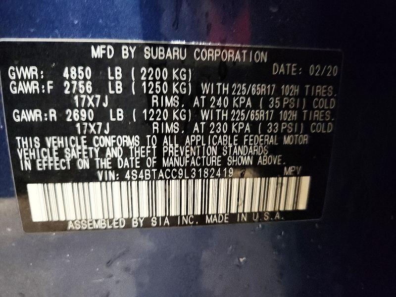 55510856 :رقم المزاد ، 4S4BTACC9L3182419 vin ، 2020 Subaru Outback مزاد بيع