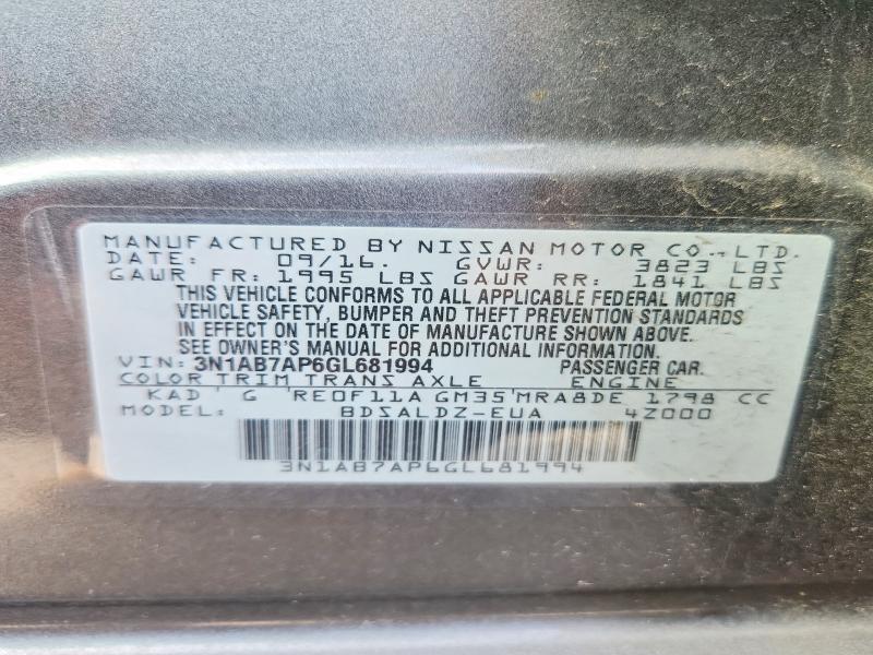 2016 Nissan Sentra მანქანა იყიდება აუქციონზე, vin: 3N1AB7AP6GL681994, აუქციონის ნომერი: 58407316