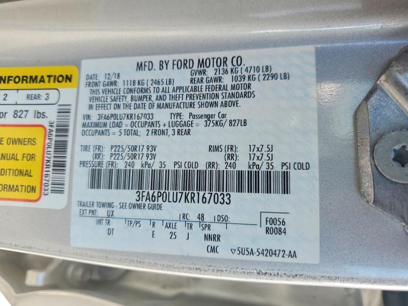 Aukcja sprzedaży 2019 Ford Fusion, vin: 3FA6P0LU7KR167033, numer aukcji: 57031476