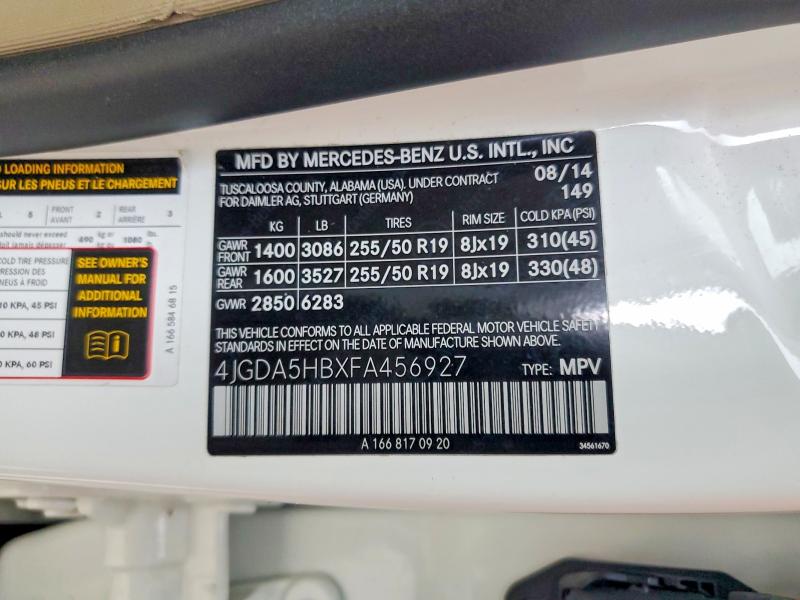 Aukcja sprzedaży 2015 Mercedes-benz Ml, vin: 4JGDA5HBXFA456927, numer aukcji: 55848386
