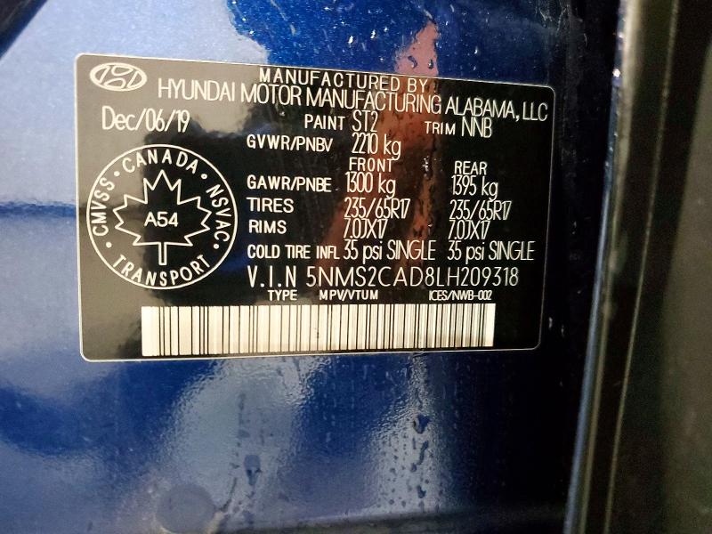 Aukcja sprzedaży 2020 Hyundai Santa Fe, vin: 5NMS2CAD8LH209318, numer aukcji: 58194406