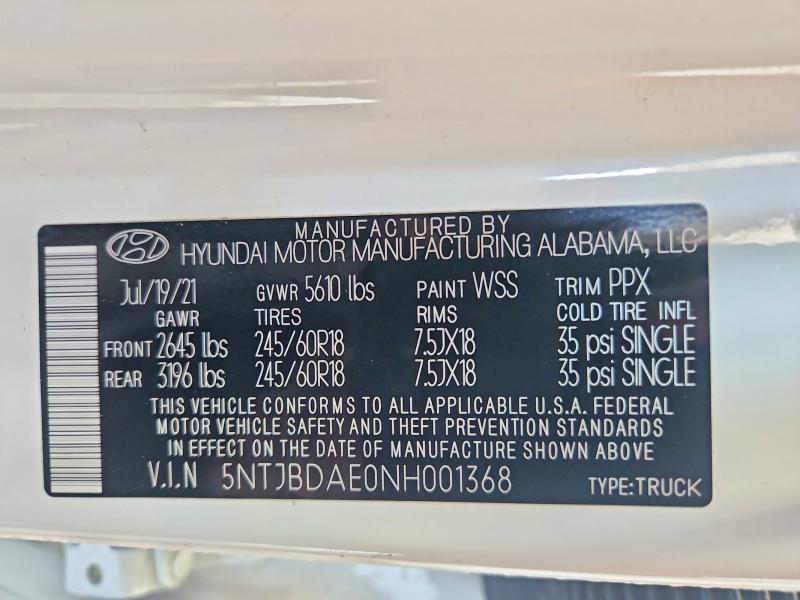 Aukcja sprzedaży 2022 Hyundai Santa Cruz, vin: 5NTJBDAE0NH001368, numer aukcji: 85613205