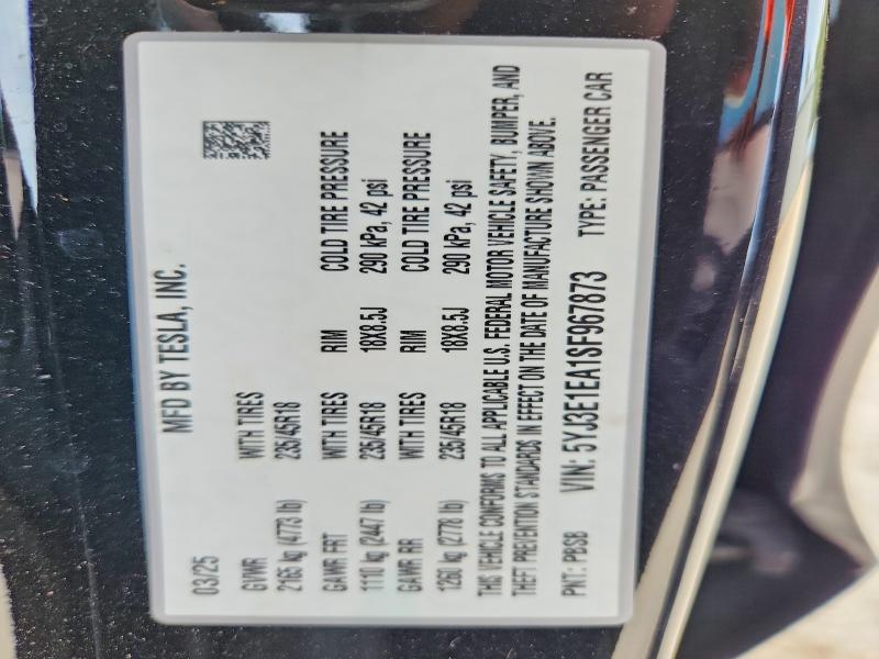 Aukcja sprzedaży 2025 Tesla Model 3, vin: 5YJ3E1EA1SF967873, numer aukcji: 56980926