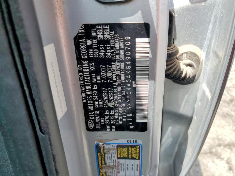 58101096 :رقم المزاد ، 5XYPG4A54KG490709 vin ، 2019 Kia Sorento مزاد بيع