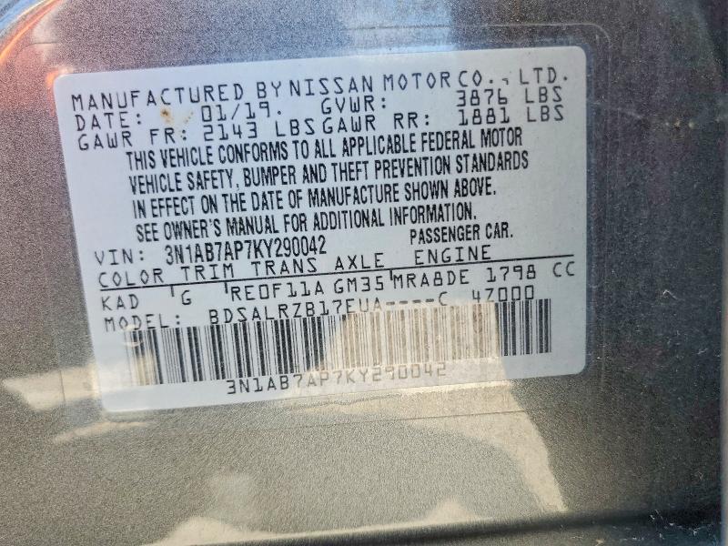 56696826 :رقم المزاد ، 3N1AB7AP7KY290042 vin ، 2019 Nissan Sentra مزاد بيع