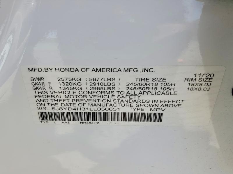 2020 Acura Mdx მანქანა იყიდება აუქციონზე, vin: 5J8YD4H31LL050651, აუქციონის ნომერი: 58738856