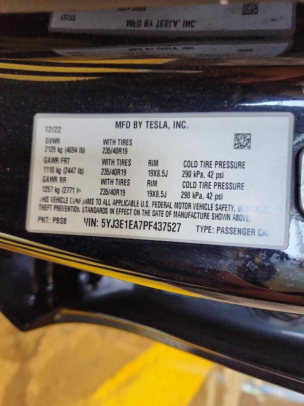 Продаж на аукціоні авто 2023 Tesla Model 3, vin: 5YJ3E1EA7PF437527, номер лоту: 58443466