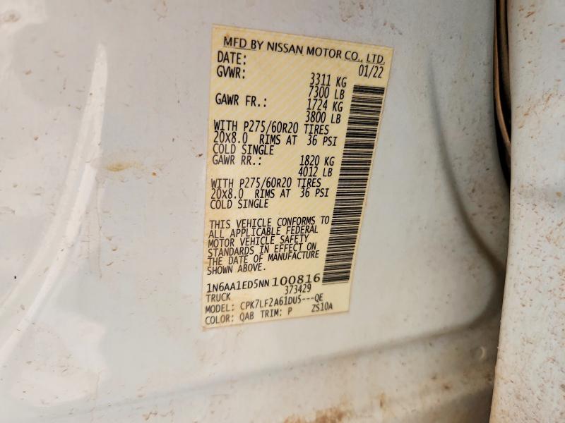 2022 Nissan Titan მანქანა იყიდება აუქციონზე, vin: 1N6AA1ED5NN100816, აუქციონის ნომერი: 57935996