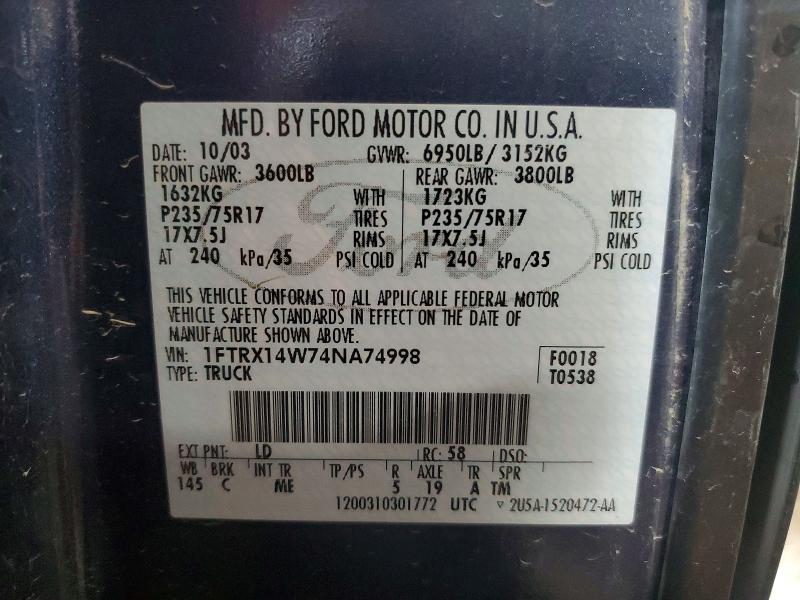 58702026 :رقم المزاد ، 1FTRX14W74NA74998 vin ، 2004 Ford F150 مزاد بيع