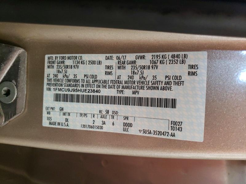 2017 Ford Escape მანქანა იყიდება აუქციონზე, vin: 1FMCU9J95HUE23840, აუქციონის ნომერი: 55834526