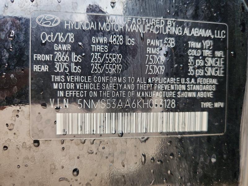 57627756 :رقم المزاد ، 5NMS53AA6KH053128 vin ، 2019 Hyundai Santa Fe مزاد بيع