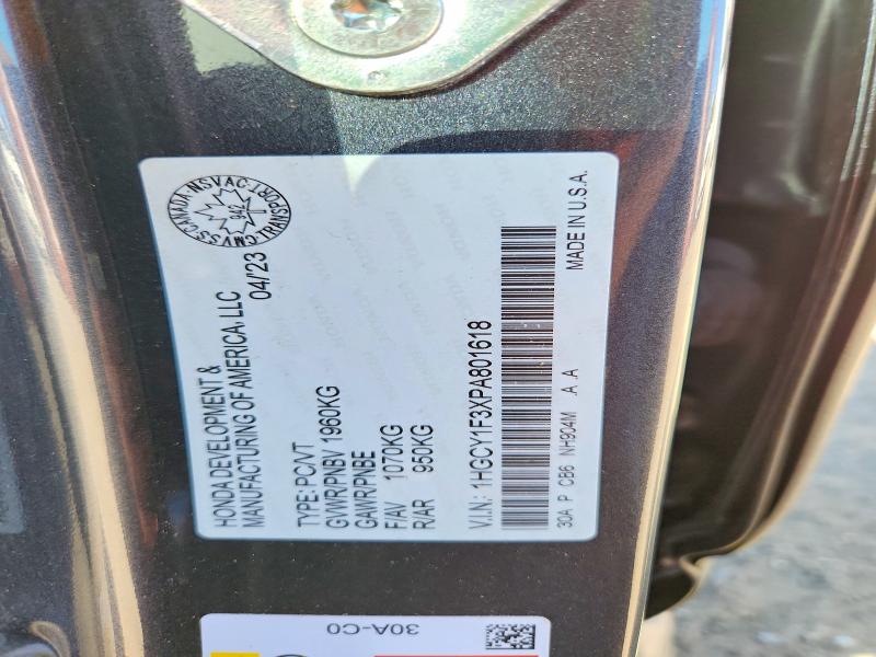 Auction sale of the 2023 Honda Accord, vin: 1HGCY1F3XPA801618, lot number: 58096386