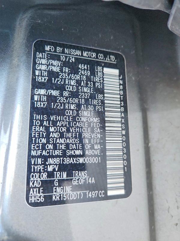 54177706 :رقم المزاد ، JN8BT3BAXSW003001 vin ، 2025 Nissan Rogue مزاد بيع