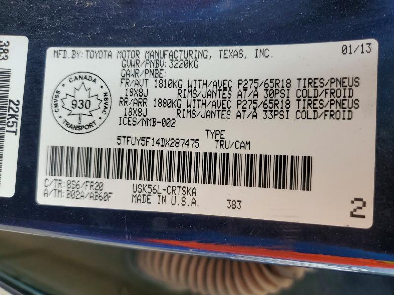 57008996 :رقم المزاد ، 5TFUY5F14DX287475 vin ، 2013 Toyota Tundra مزاد بيع